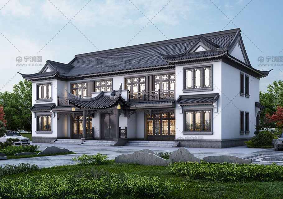 大气双拼中式别墅两层砖混结构占地282平别墅图纸